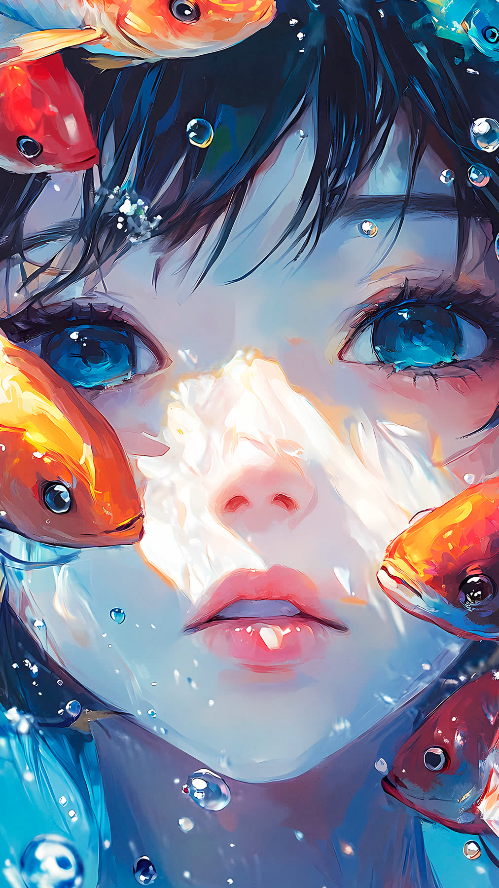 Detail: koi drifting through dark hair