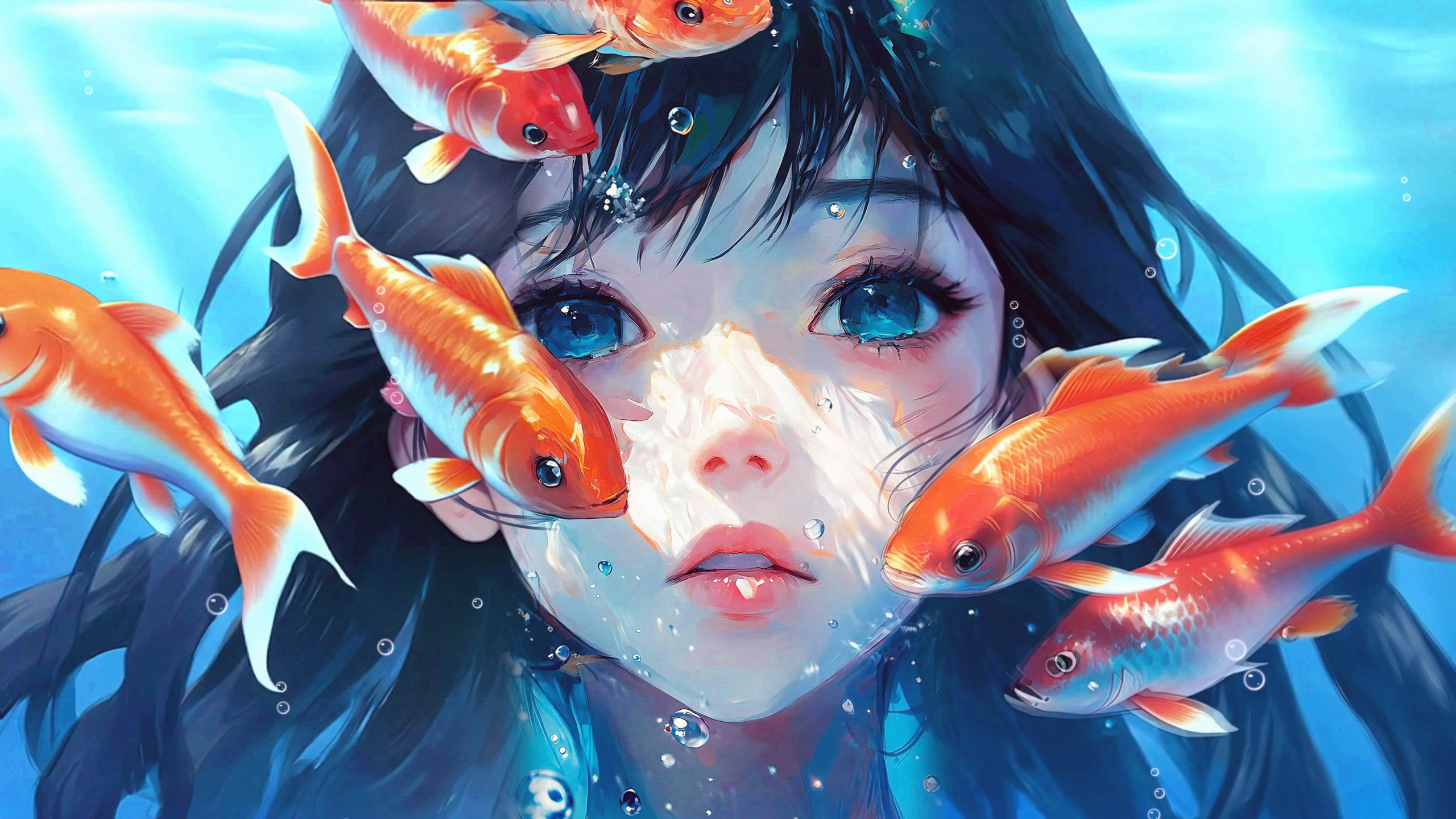 Album art: a girl underwater, eyes open, surrounded by orange and red koi and rising bubbles